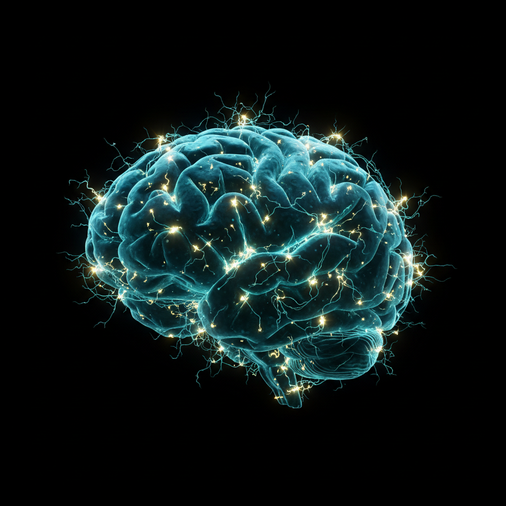 3D teal floating brain with glowing whitish-yellow neurons and synapses firing, The Manufactured Mind
