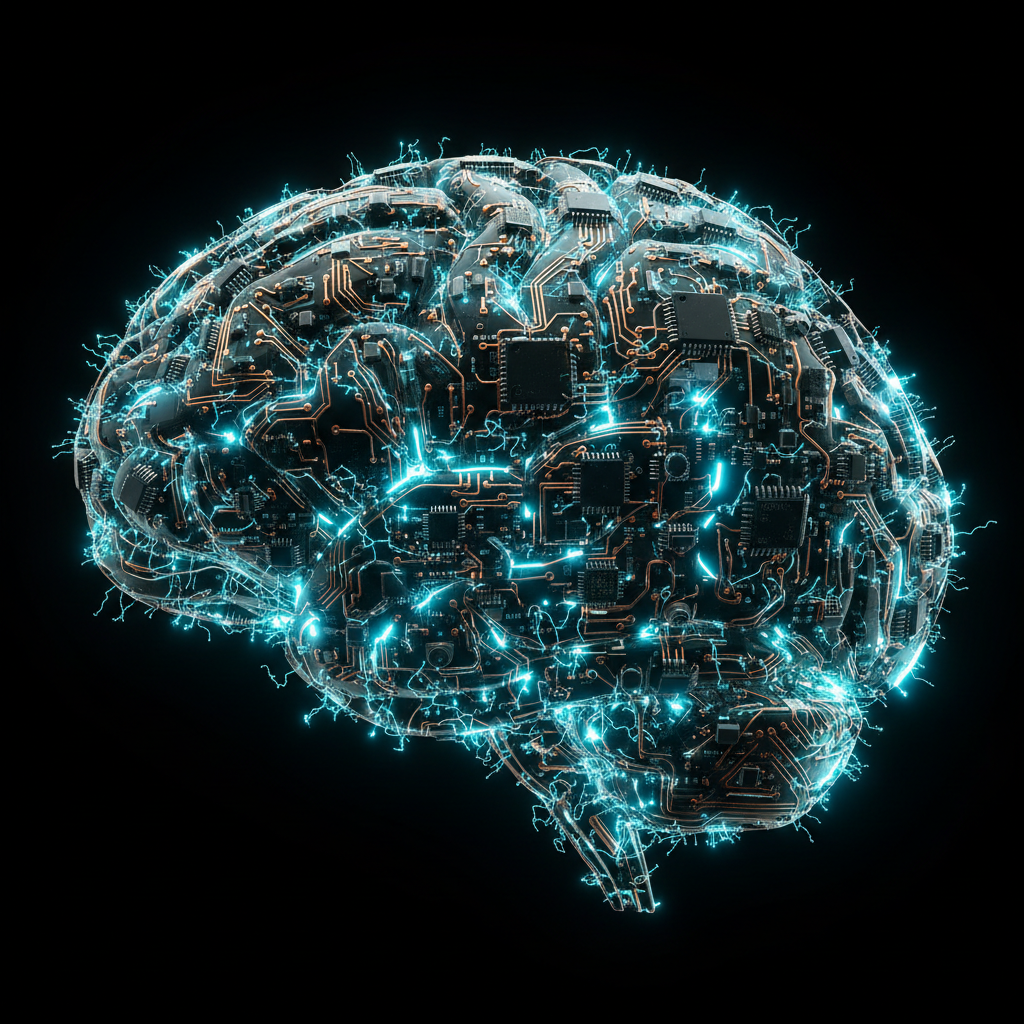 A human brain built from circuit boards with teal electric sparks flowing through the circuitry, The Manufactured Mind